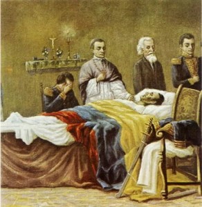 La muerte del Libertador Simón Bolívar. Pintura: E. Yepes.